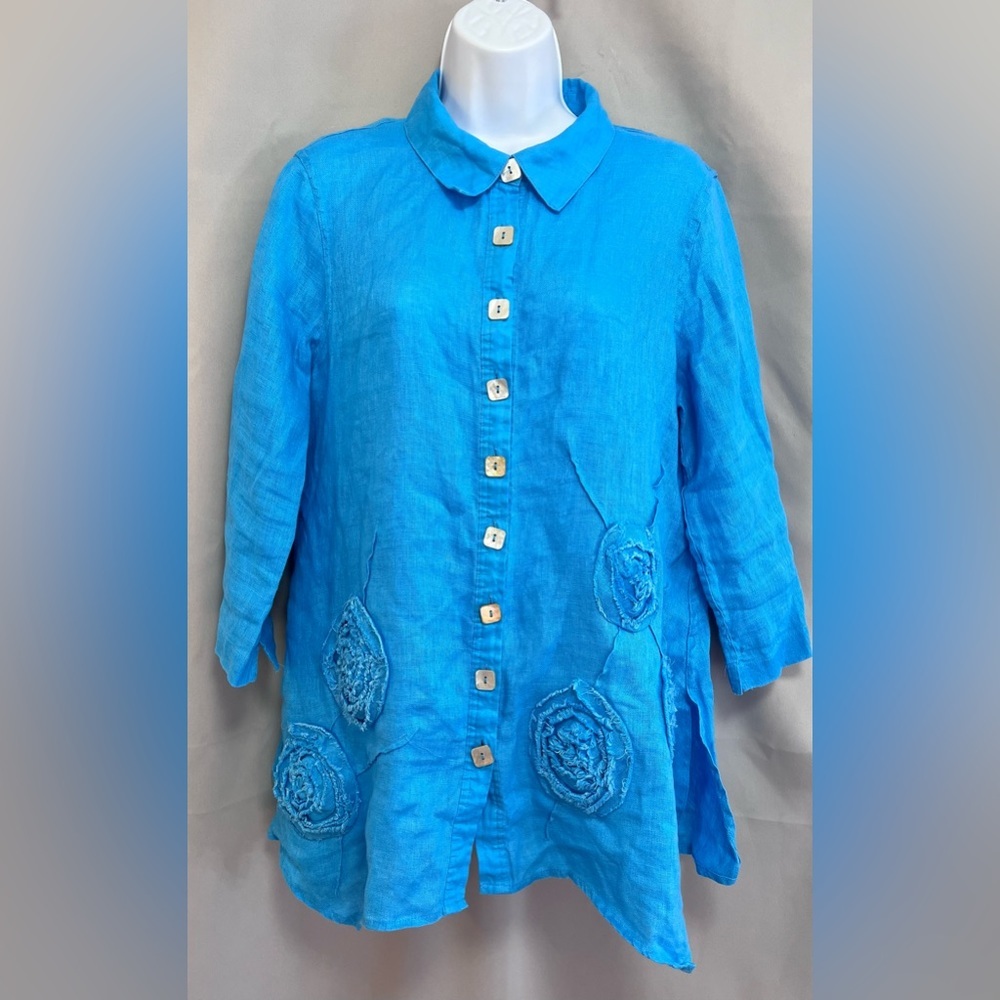 Ali Miles Sz M Blue Linen Tunic Blouse 3/4 Sleeve Collared Square Buttons Flares